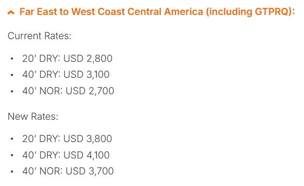 Far East to West Coast Central America (including GTPRQ)