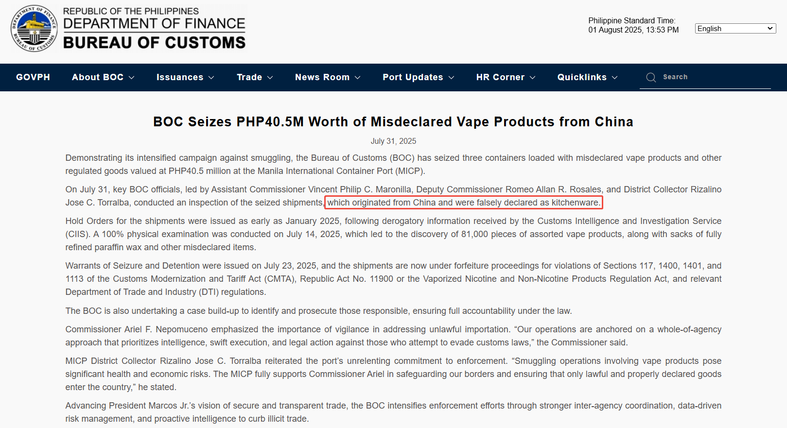 Misdeclared Vape Products from China