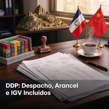 Escritorio con documentos de SUNAT, banderas de China y Perú, servicio DDP