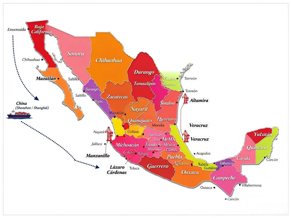 Mapa de rutas mar&iacute;timas desde China a M&eacute;xico, con los principales puertos del Pac&iacute;fico (Manzanillo, L&aacute;zaro C&aacute;rdenas), del Golfo de M&eacute;xico (Veracruz, Altamira) y puntos IPI interiores