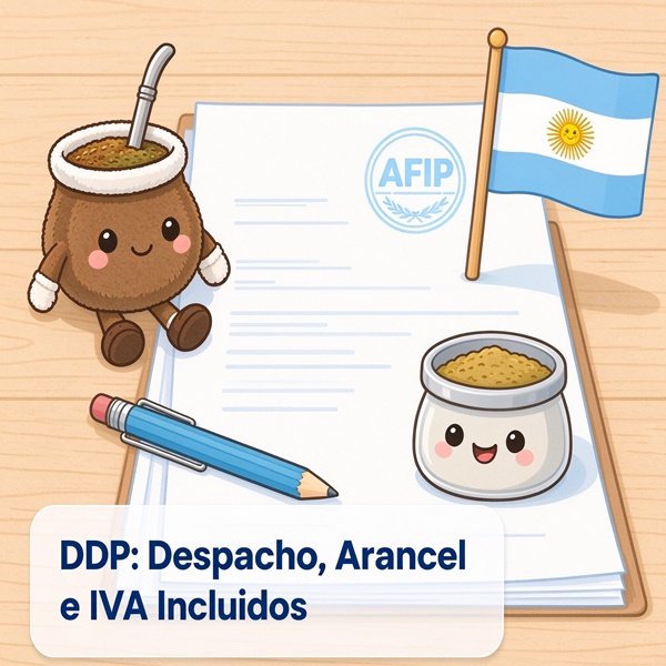Mate argentino caricaturesco, documentos AFIP y bandera argentina, servicio DDP