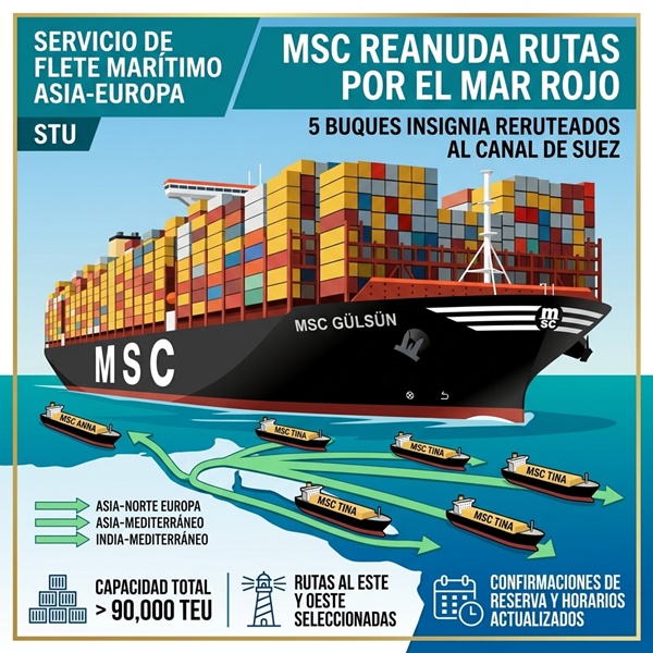 MSC reanuda rutas seleccionadas en el mar Rojo: más de 90.000 TEUs de capacidad vuelven al canal de Suez
