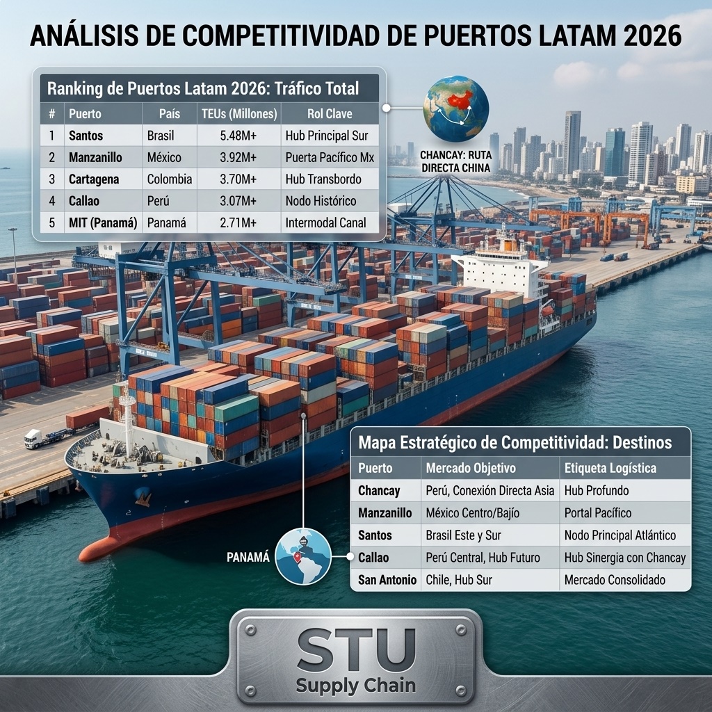 Fotograf&iacute;a a&eacute;rea del terminal de contenedores y barco de carga representando el Ranking de Puertos en Am&eacute;rica Latina 2026 y las rutas de flete mar&iacute;timo de STU Supply Chain.