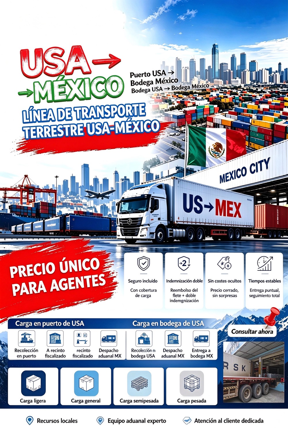 P&oacute;ster de la l&iacute;nea de transporte terrestre USA a M&eacute;xico: cami&oacute;n blanco con la leyenda "US→MEX" frente al skyline de Ciudad de M&eacute;xico, contenedores y bandera mexicana. Detalla precio &uacute;nico para agentes, seguro incluido, indemnizaci&oacute;n doble, sin costos ocultos, rutas desde puerto o bodega de USA hasta almac&eacute;n en M&eacute;xico, y tipos de carga: ligera, general, semipesada y pesada.