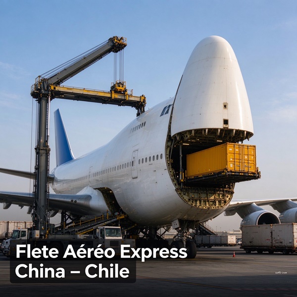 Avión de carga Boeing 747 siendo cargado, flete aéreo express China a Chile