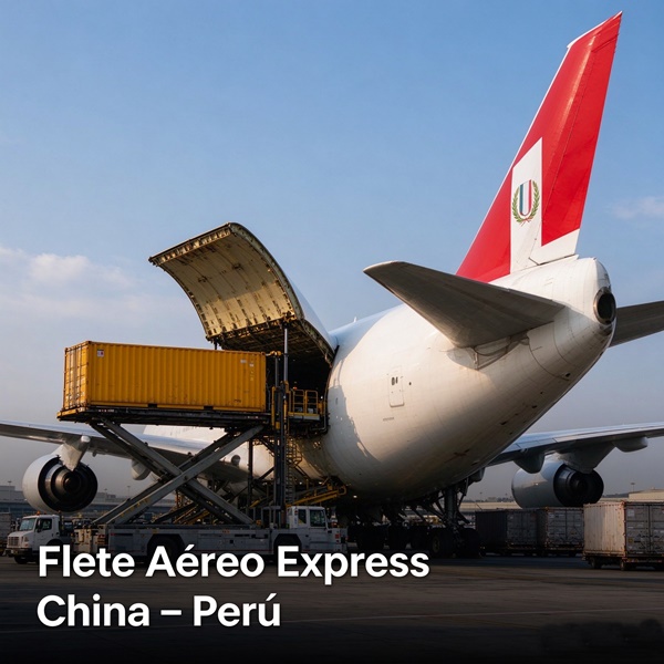 Avión de carga Boeing 747 siendo cargado, flete aéreo express China a Perú