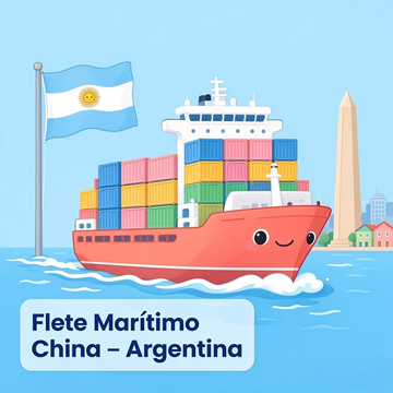 Buque caricaturesco con bandera argentina y el Obelisco de Buenos Aires, flete marítimo China a Argentina
