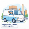 Furgón de reparto caricaturesco frente al Obelisco de Buenos Aires, entrega puerta a puerta