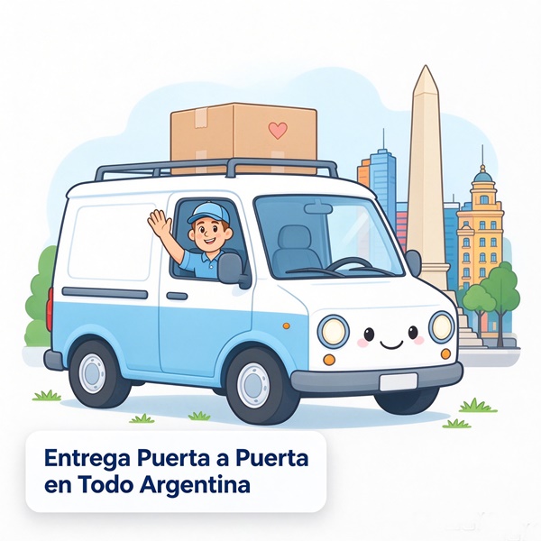 Furgón de reparto caricaturesco frente al Obelisco de Buenos Aires, entrega puerta a puerta