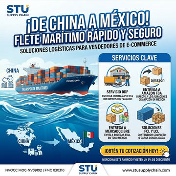 Infografía de servicio de flete marítimo de China a México por STU Supply Chain. Muestra transporte marítimo, envío DDP puerta a puerta, soluciones FCL y LCL, y entregas directas a bodegas de Amazon FBA y MercadoLibre México.