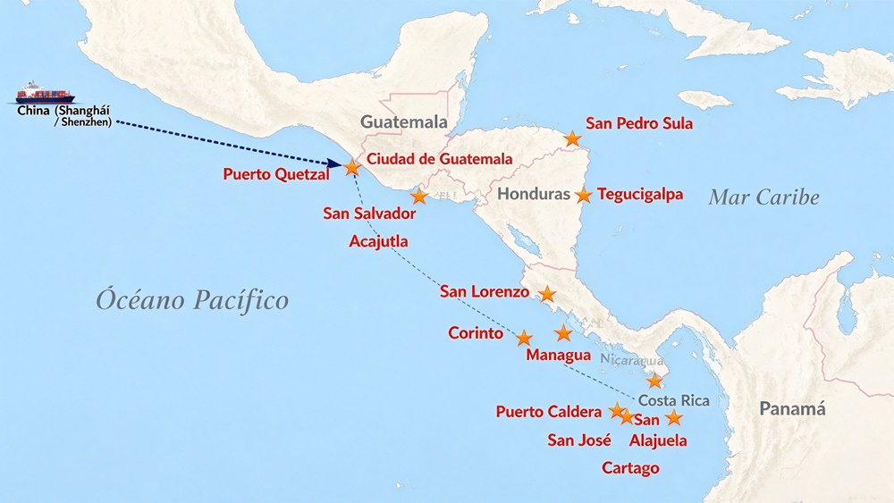 Mapa del istmo centroamericano con los puertos base del Pac&iacute;fico (Puerto Quetzal, Acajutla, San Lorenzo, Corinto, Puerto Caldera) y las principales ciudades interiores de la ruta WCCA desde China