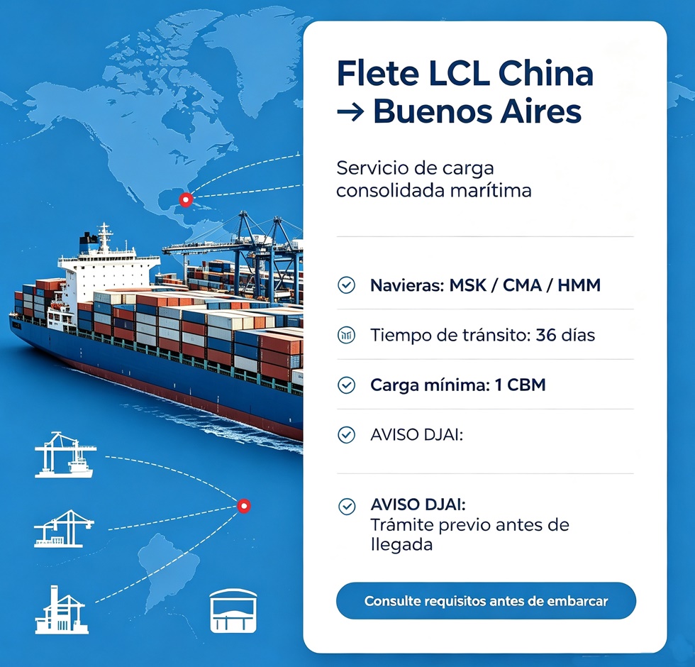 Caracter&iacute;sticas del servicio flete LCL China‑Buenos Aires, tiempo 36 d&iacute;as y requisitos DJAI Argentina