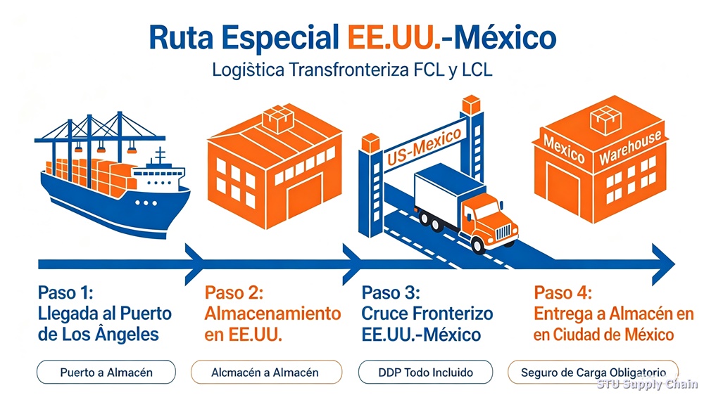 Diagrama de flujo del servicio: Llegada al puerto Los &Aacute;ngeles, almacenamiento, cruce fronterizo EE.UU-M&eacute;xico y entrega en Ciudad de M&eacute;xico