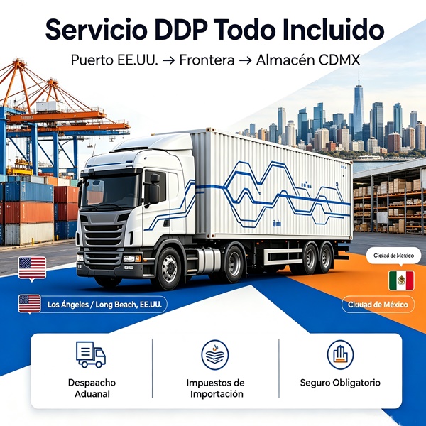 Servicio DDP todo incluido desde Puerto Los Ángeles / Long Beach hasta almacén en Ciudad de México, con despacho aduanal, impuestos y seguro