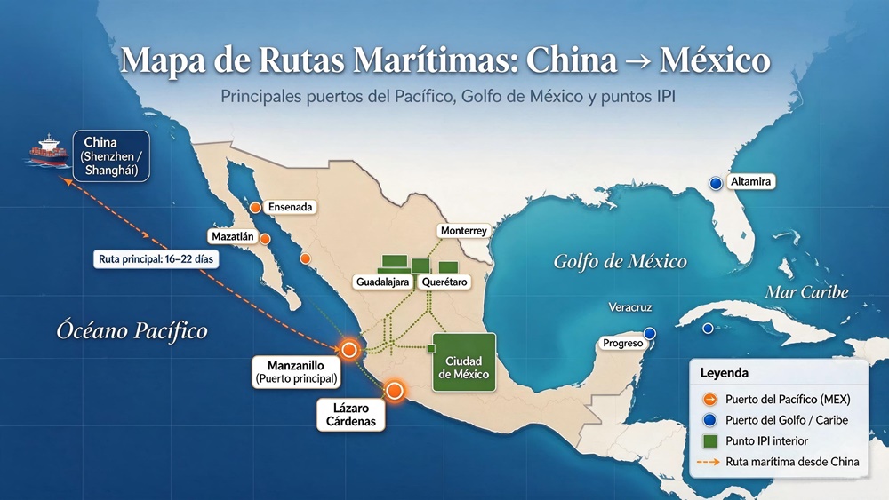 Mapa de rutas mar&iacute;timas desde China a M&eacute;xico, con los principales puertos del Pac&iacute;fico (Manzanillo, L&aacute;zaro C&aacute;rdenas), del Golfo de M&eacute;xico (Veracruz, Altamira) y puntos IPI interiores